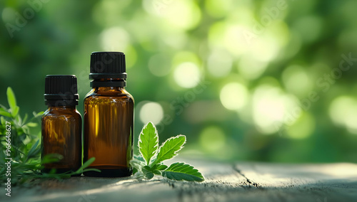 Two amber bottles of essential oil with fresh green leaves on a wooden surface, surrounded by a blurred natural background.