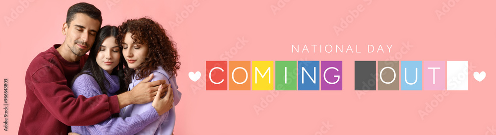 Man and two beautiful women on color background. Polyamory concept Man and two beautiful women on color background. Polyamory concept
