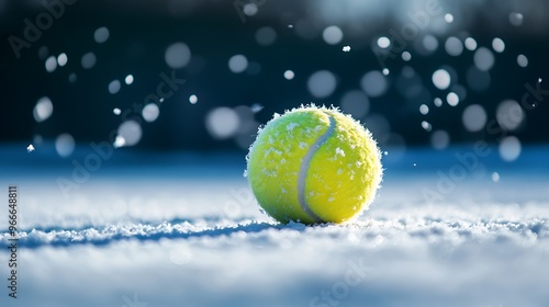 Snowy Tennis Court - High-Definition Image of Tennis Ball Surrounded by Delicate Snowflakes on Snowy Tennis Court