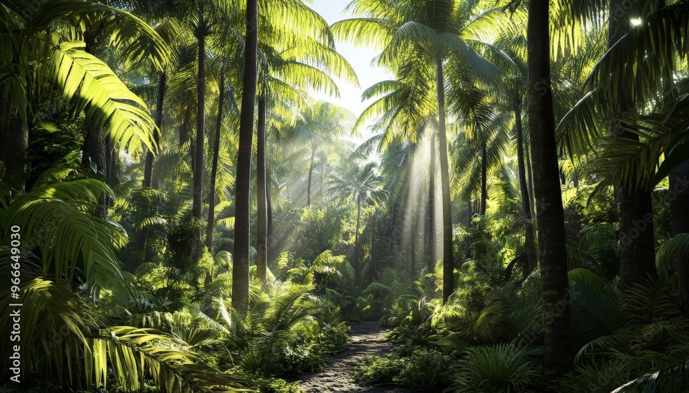 Naklejka premium Sunlight Beams Through Lush Tropical Jungle.