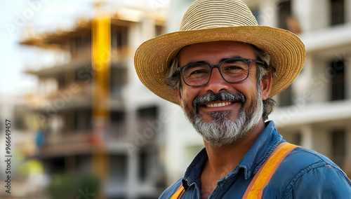 Smiling construction worker with glasses and straw hat, showcasing professionalism and dedication at a building site.