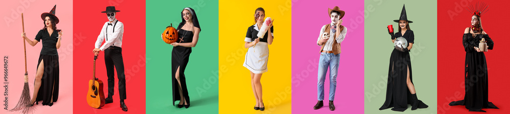 Set of people in Halloween costumes on color background Set of people in Halloween costumes on color background