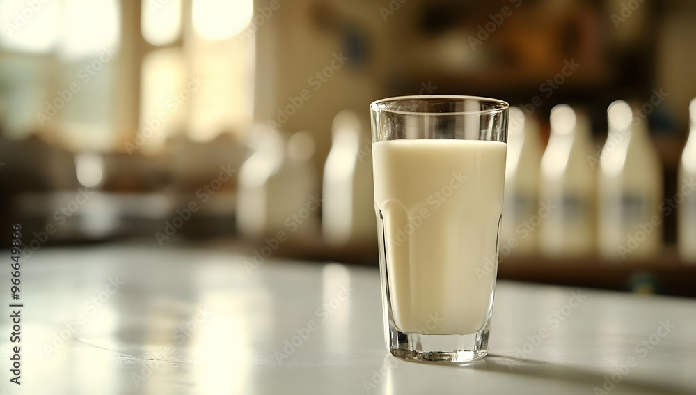 Fresh milk in a glass, capturing a moment of refreshment in a cozy kitchen setting with sunlight streaming in. Fresh milk in a glass, capturing a moment of refreshment in a cozy kitchen setting with sunlight streaming in.