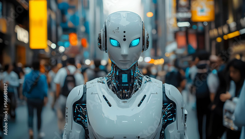 Wallpaper Mural A futuristic robot stands amidst a bustling urban crowd, showcasing advanced technology and bright blue lights. Torontodigital.ca