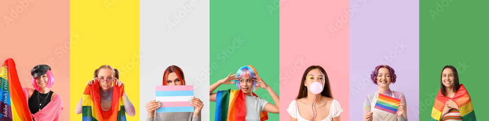 Group of young LGBT women with flags on color background Group of young LGBT women with flags on color background