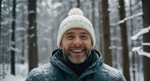 Cheerful White male exploring winter forest background