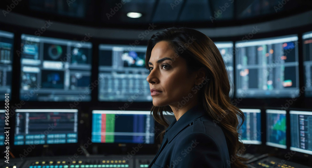 Confident Hispanic female in control room with multiple screens background Confident Hispanic female in control room with multiple screens background
