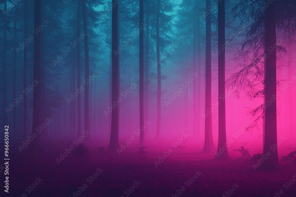 Eerie fog envelops a mystical forest at twilight, showcasing deep purple and blue hues. Eerie fog envelops a mystical forest at twilight, showcasing deep purple and blue hues.