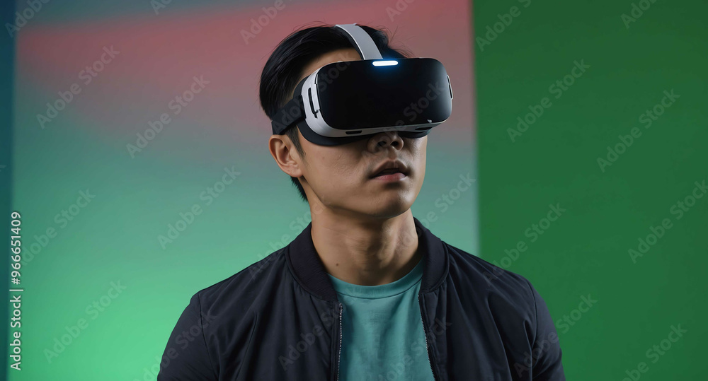 Determined Asian male in VR studio with green screen background Determined Asian male in VR studio with green screen background