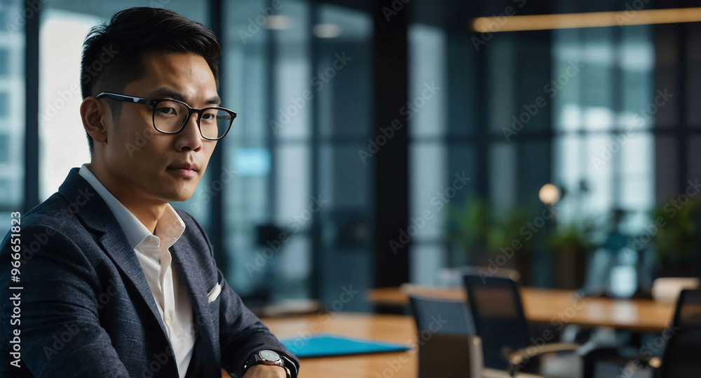 Fototapeta premium Engaged Asian male with smart watch in sleek office background