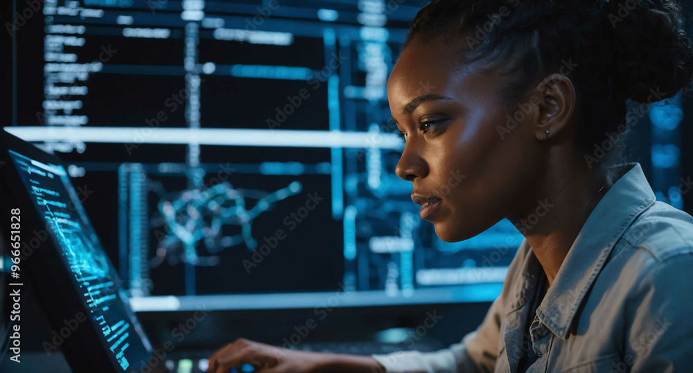 Engaged Black female working on code with holographic interface background Engaged Black female working on code with holographic interface background