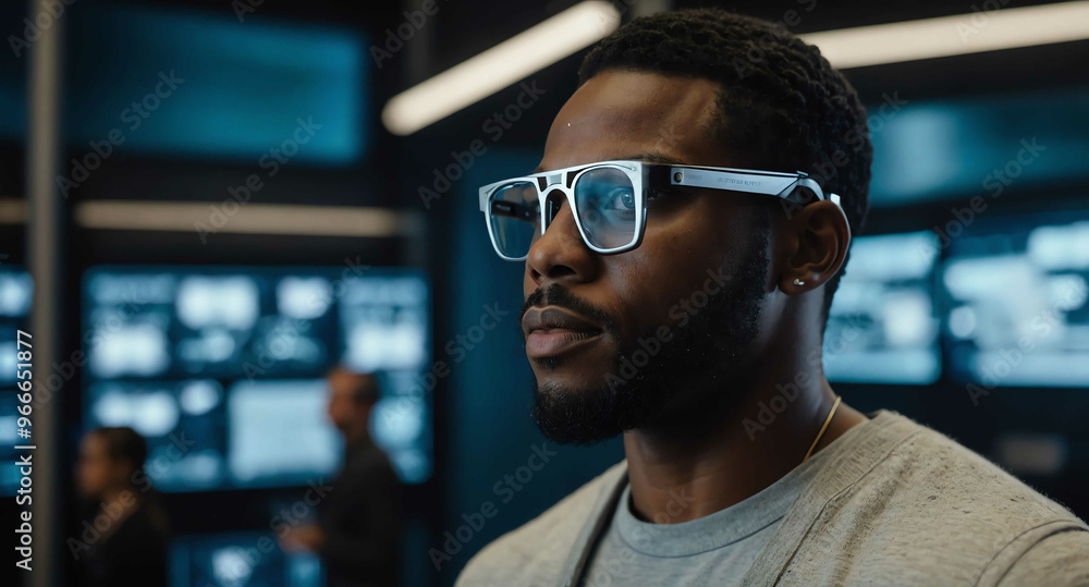 engaged black male with smart glasses in open workspace background engaged black male with smart glasses in open workspace background
