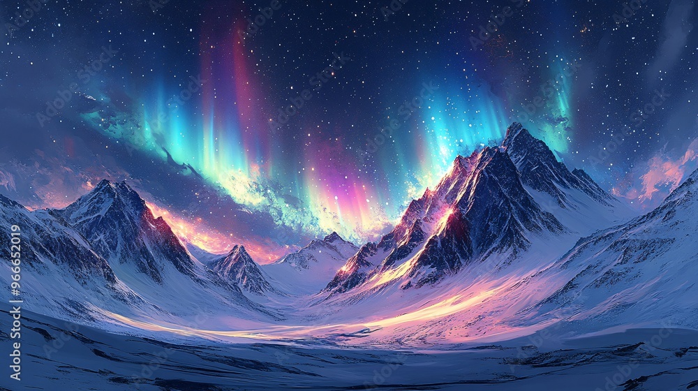 Spectacular view of aurora borealis over snowy mountain range under a starlit night sky, casting a vibrant green glow across the rugged landscape.
Spectacular view of aurora borealis over snowy mountain range under a starlit night sky, casting a vibrant green glow across the rugged landscape.