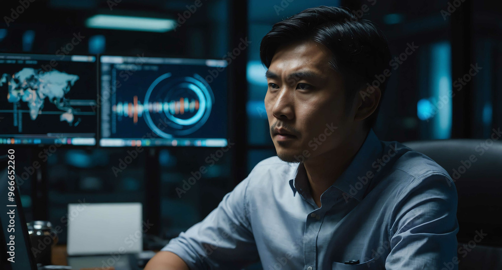 Focused Asian male in office with glowing computer screen background Focused Asian male in office with glowing computer screen background