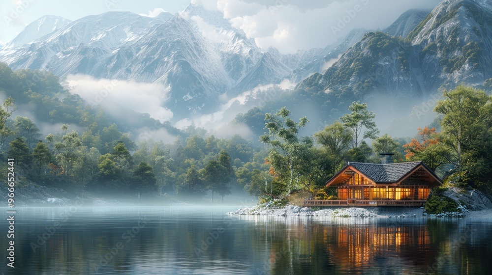 Fototapeta premium Cozy cabin by serene mountain lake