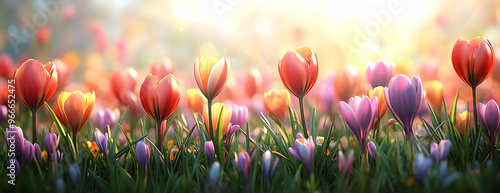A vibrant field of blooming flowers under soft sunlight, creating a serene and colorful landscape that evokes tranquility and beauty.