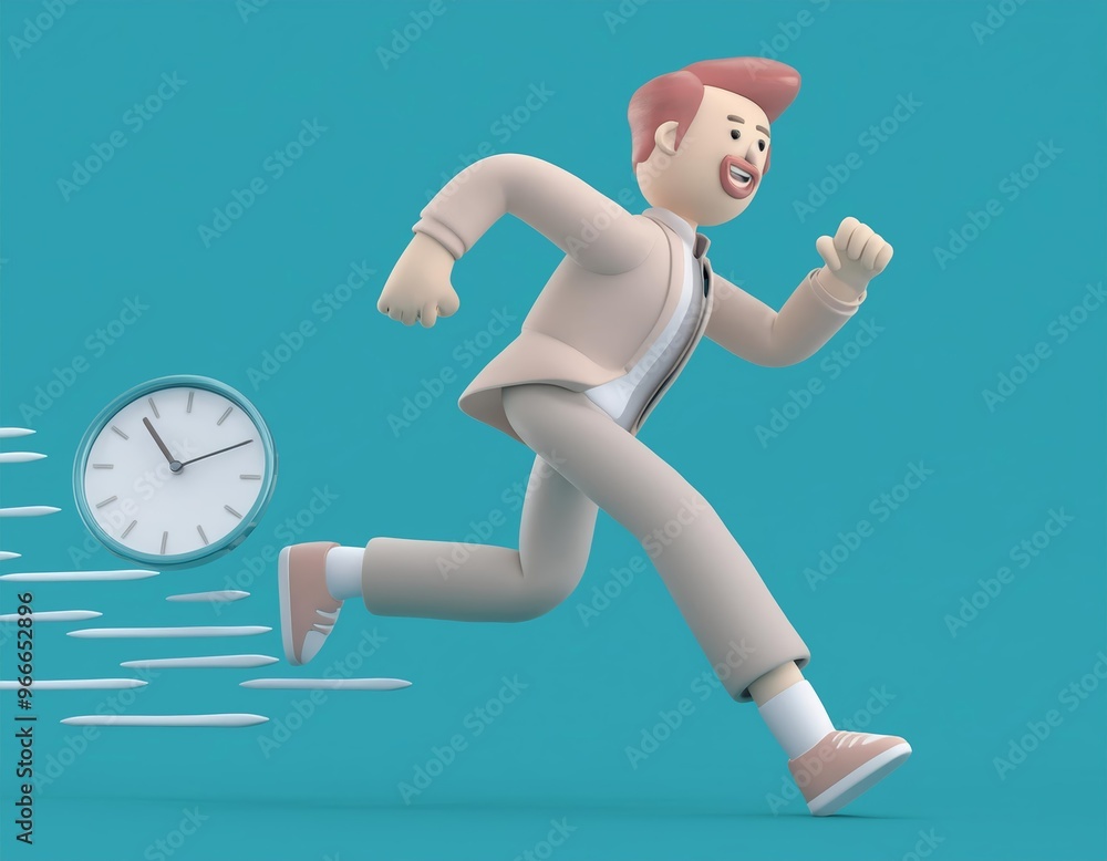 A man in a suit runs away from a clock that is flying through the air, 3d illustration A man in a suit runs away from a clock that is flying through the air, 3d illustration