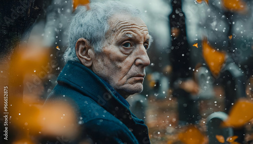 An elderly man gazes thoughtfully in a cemetery, surrounded by fallen leaves and softly falling snow, evoking reflection and nostalgia.