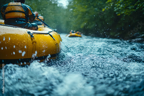 Dynamic river rafting scene with yellow raft amid splashes of water, capturing adventure and outdoor thrill in nature. photo