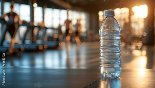 A clear water bottle stands on a gym floor, backlit by sunset, symbolizing hydration and fitness in a vibrant workout environment. photo