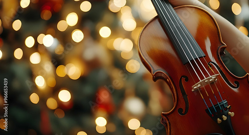 A close-up of a beautiful violin with festive bokeh lights in the background, evoking a warm holiday spirit.