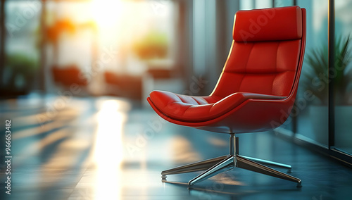 A modern red chair positioned in a bright, contemporary setting, ideal for stylish interior design concepts. photo