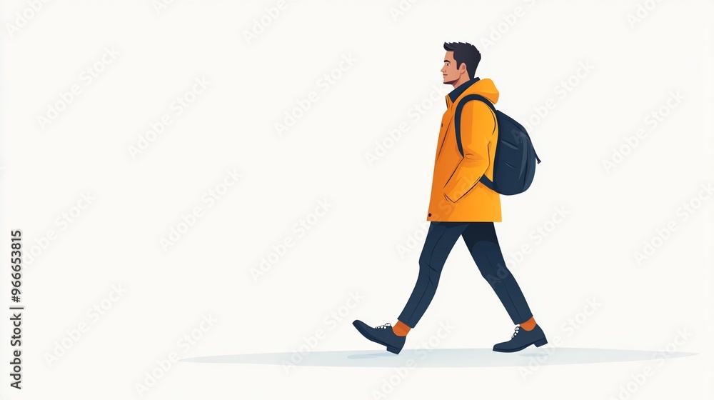 Man Walking in Yellow Jacket with Backpack Against Simple Background Man Walking in Yellow Jacket with Backpack Against Simple Background