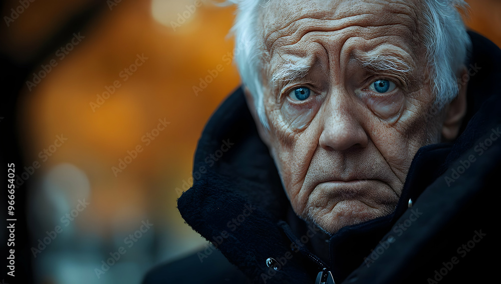 A close-up portrait of an elderly man, capturing deep emotions and wisdom in his expressive blue eyes against a blurred autumn background. A close-up portrait of an elderly man, capturing deep emotions and wisdom in his expressive blue eyes against a blurred autumn background.
