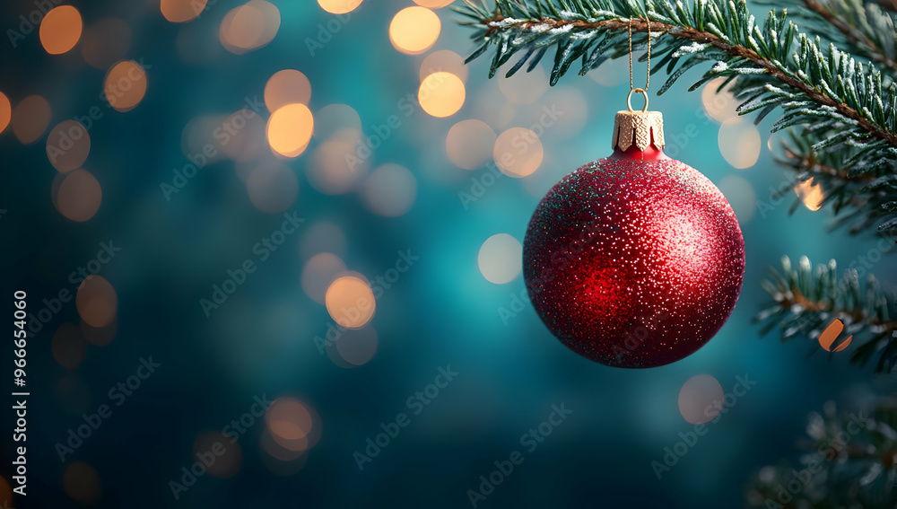 A close-up of a sparkling red Christmas ornament hanging from a pine branch, with a dreamy bokeh background of shimmering lights. A close-up of a sparkling red Christmas ornament hanging from a pine branch, with a dreamy bokeh background of shimmering lights.