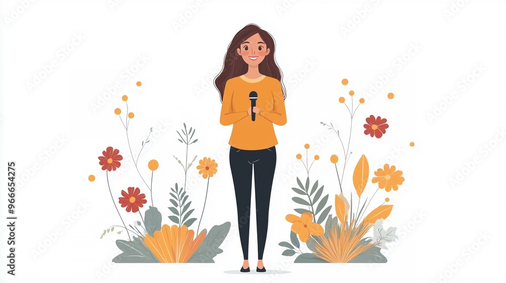 Smiling Woman Giving a Speech Among Flowers, Vibrant Floral Background Smiling Woman Giving a Speech Among Flowers, Vibrant Floral Background