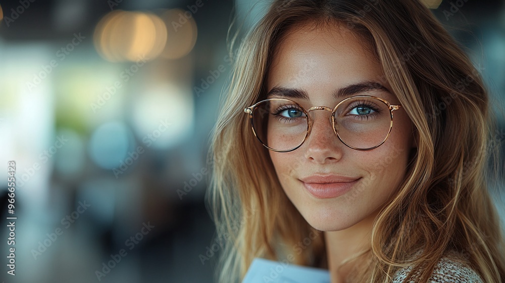 Smiling woman with glasses indoors, soft lighting capturing an atmosphere of warmth and intelligence Smiling woman with glasses indoors, soft lighting capturing an atmosphere of warmth and intelligence