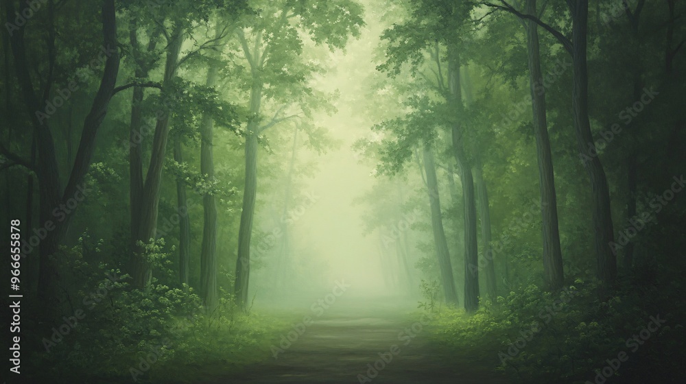 A serene, misty forest pathway bathed in soft green hues, inviting tranquility and exploration. A serene, misty forest pathway bathed in soft green hues, inviting tranquility and exploration.