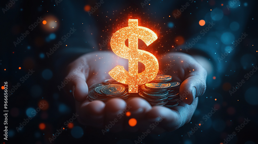 A person holding coins and a glowing dollar sign in their hand A person holding coins and a glowing dollar sign in their hand
