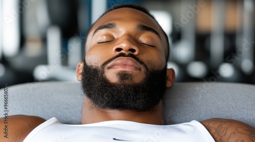 A young man reclines on a gym bench, taking a restful break with eyes closed after completing an intense workout session photo