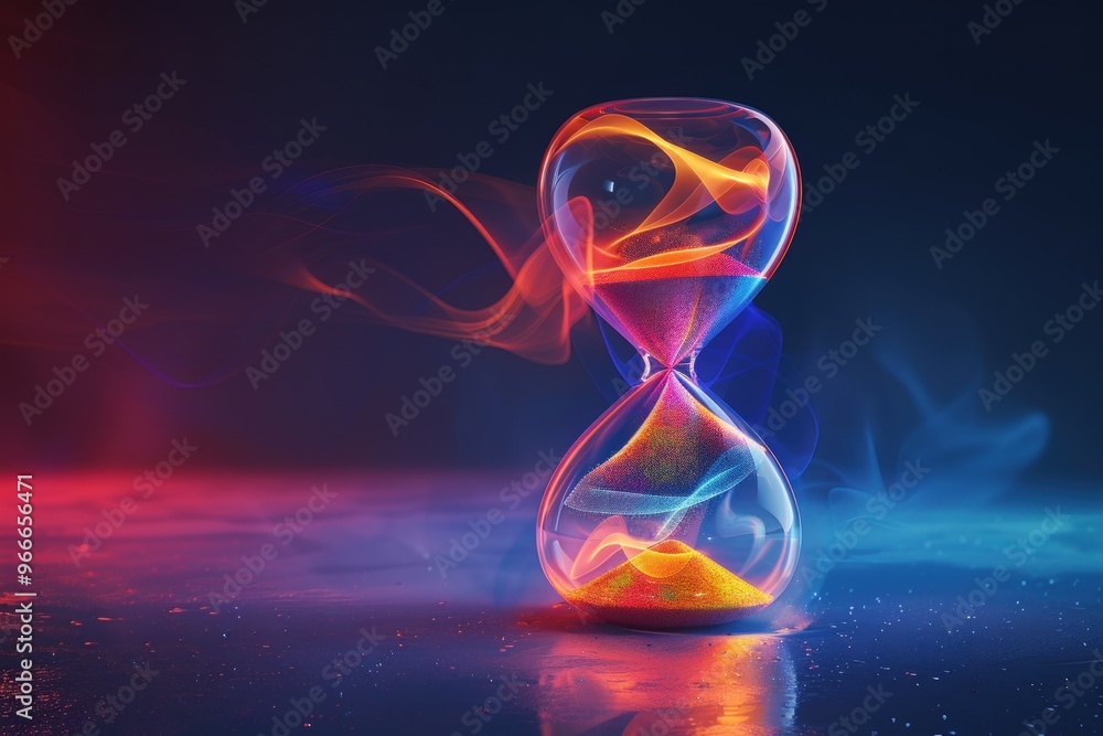 An hourglass with glowing sand and colorful smoke against a dark background. An hourglass with glowing sand and colorful smoke against a dark background.