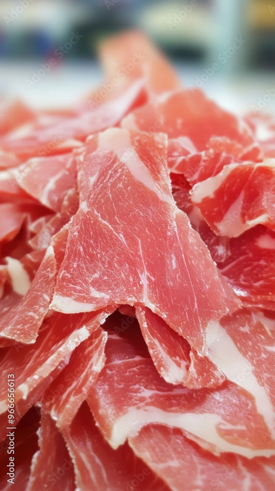 A pile of thinly sliced prosciutto displays its pink hue and marbled fat, ready to be served as an appetizer or in a charcuterie board A pile of thinly sliced prosciutto displays its pink hue and marbled fat, ready to be served as an appetizer or in a charcuterie board