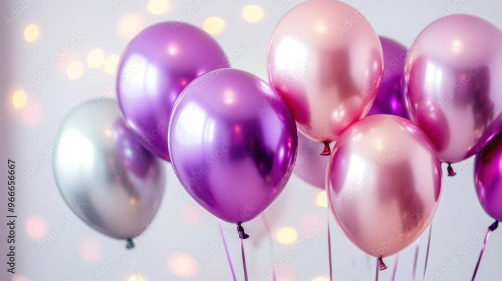 A collection of pink and purple balloons softly illuminated, creating a festive atmosphere perfect for any celebration or party A collection of pink and purple balloons softly illuminated, creating a festive atmosphere perfect for any celebration or party