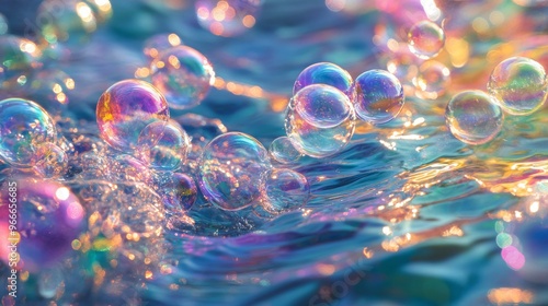 Iridescent Soap Bubbles Floating on Rippling Water Surface