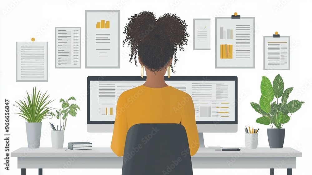 Woman Working at Home Office Desk with Computer Surrounded by Documents and Plants Woman Working at Home Office Desk with Computer Surrounded by Documents and Plants