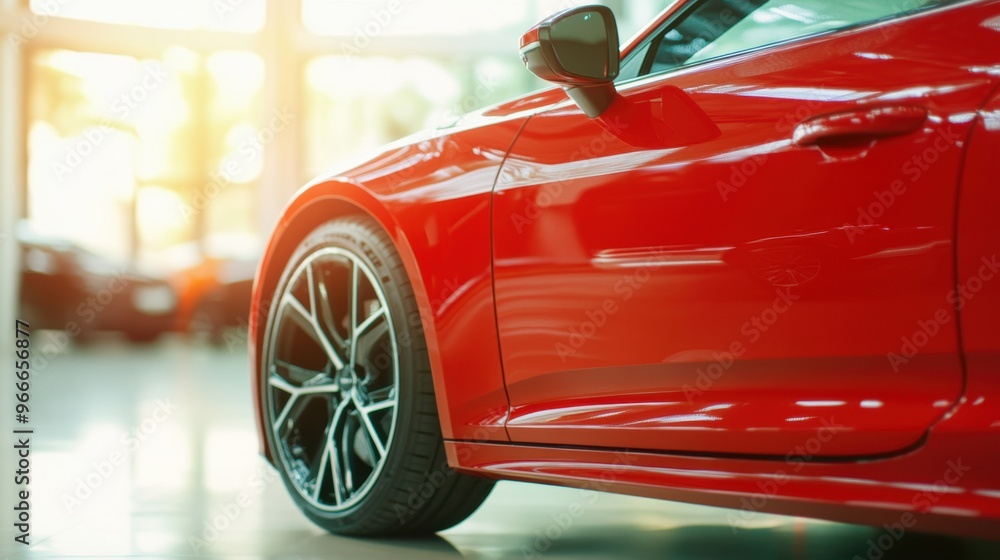 A striking red car stands prominently in a bright showroom, highlighting its sleek design and modern features A striking red car stands prominently in a bright showroom, highlighting its sleek design and modern features