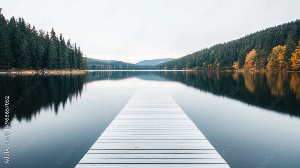Fototapeta premium A wooden pier extends into a calm lake, reflecting the serene surroundings of trees and mountains at sunrise