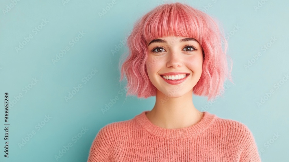 The cheerful woman with bright pink hair showcases her vibrant personality while dressed in a cozy sweater The cheerful woman with bright pink hair showcases her vibrant personality while dressed in a cozy sweater