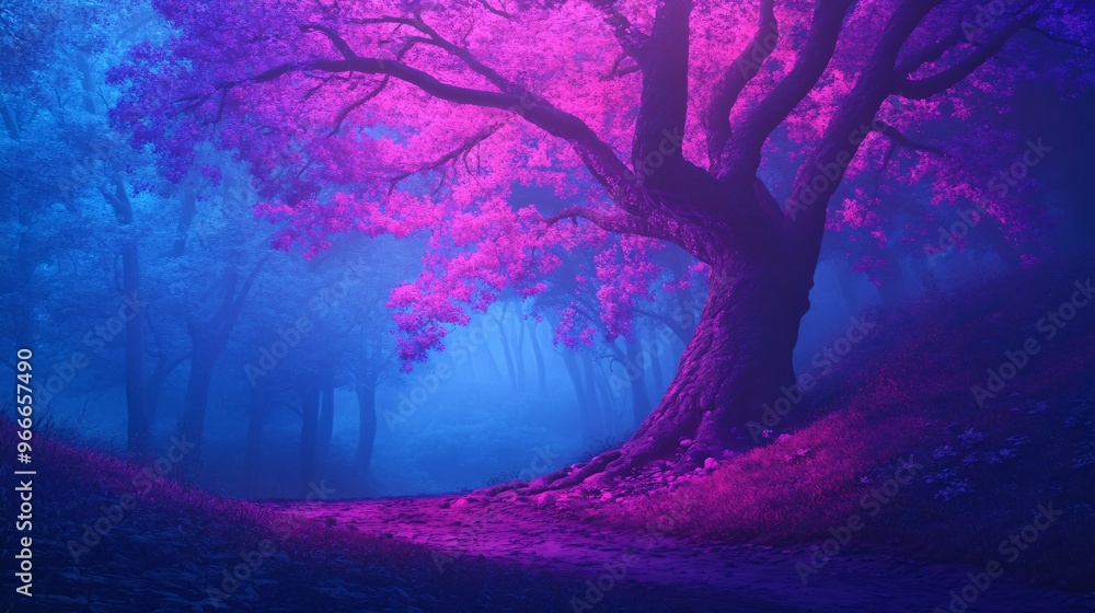 A majestic tree illuminated in vibrant purple and blue hues in an ethereal forest scene. A majestic tree illuminated in vibrant purple and blue hues in an ethereal forest scene.