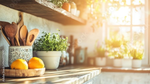 Wallpaper Mural Sunlight fills a cozy kitchen adorned with cooking utensils, vibrant herbs, and fresh lemons, creating a warm cooking atmosphere Torontodigital.ca