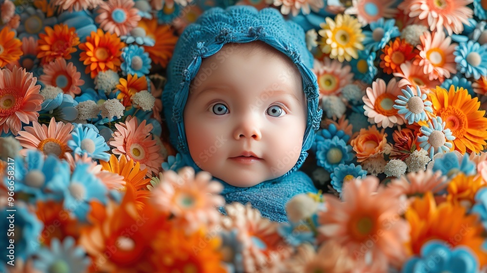 A curious baby girl with blue eyes and a blue hat, laying in a bed of colorful flowers. A curious baby girl with blue eyes and a blue hat, laying in a bed of colorful flowers.