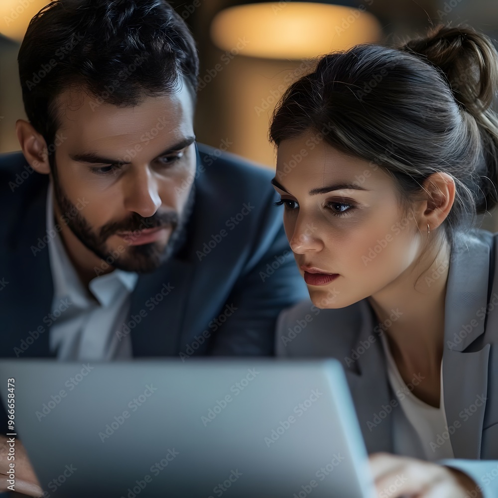 A close-up shot of two professional executives working together on financial analysis in a modern office setting. A close-up shot of two professional executives working together on financial analysis in a modern office setting.