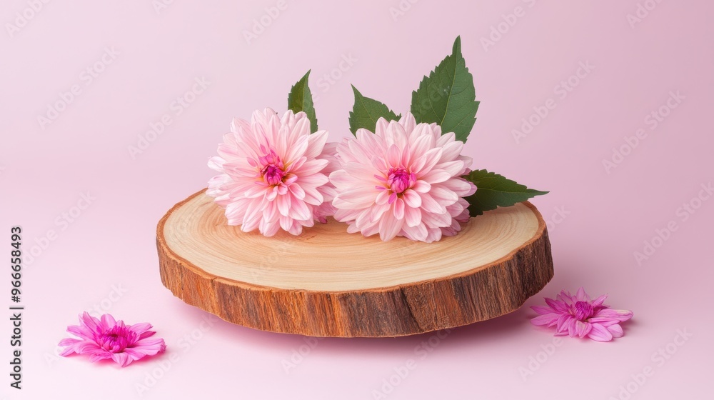 A wooden pedestal showcases vibrant pink flowers, adding a touch of elegance to the soft pastel backdrop A wooden pedestal showcases vibrant pink flowers, adding a touch of elegance to the soft pastel backdrop