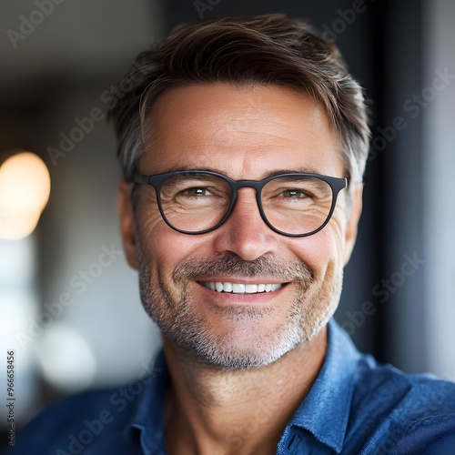 A close-up headshot portrait of a confident, smiling 45-year-old male entrepreneur in a modern office setting.