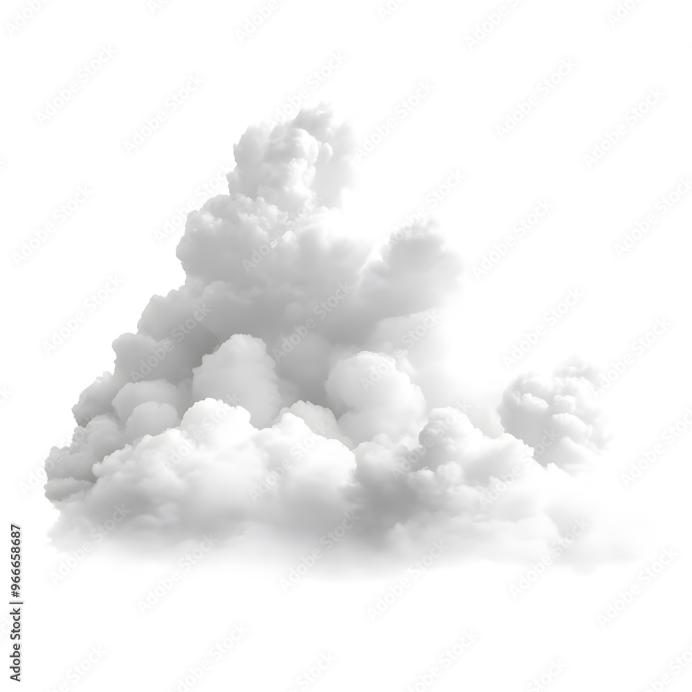 Isolated white clouds on a white background, showcasing their soft and fluffy texture.