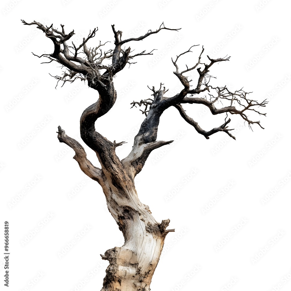 A hauntingly beautiful, ancient dead tree stands isolated on a white background, with gnarled branches and weathered bark. A hauntingly beautiful, ancient dead tree stands isolated on a white background, with gnarled branches and weathered bark.